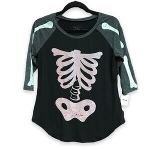 NWT Zoe + Liv Halloween Punk Ribcage Skeleton 3/4 Sleeve T Ebony Gray Women's M